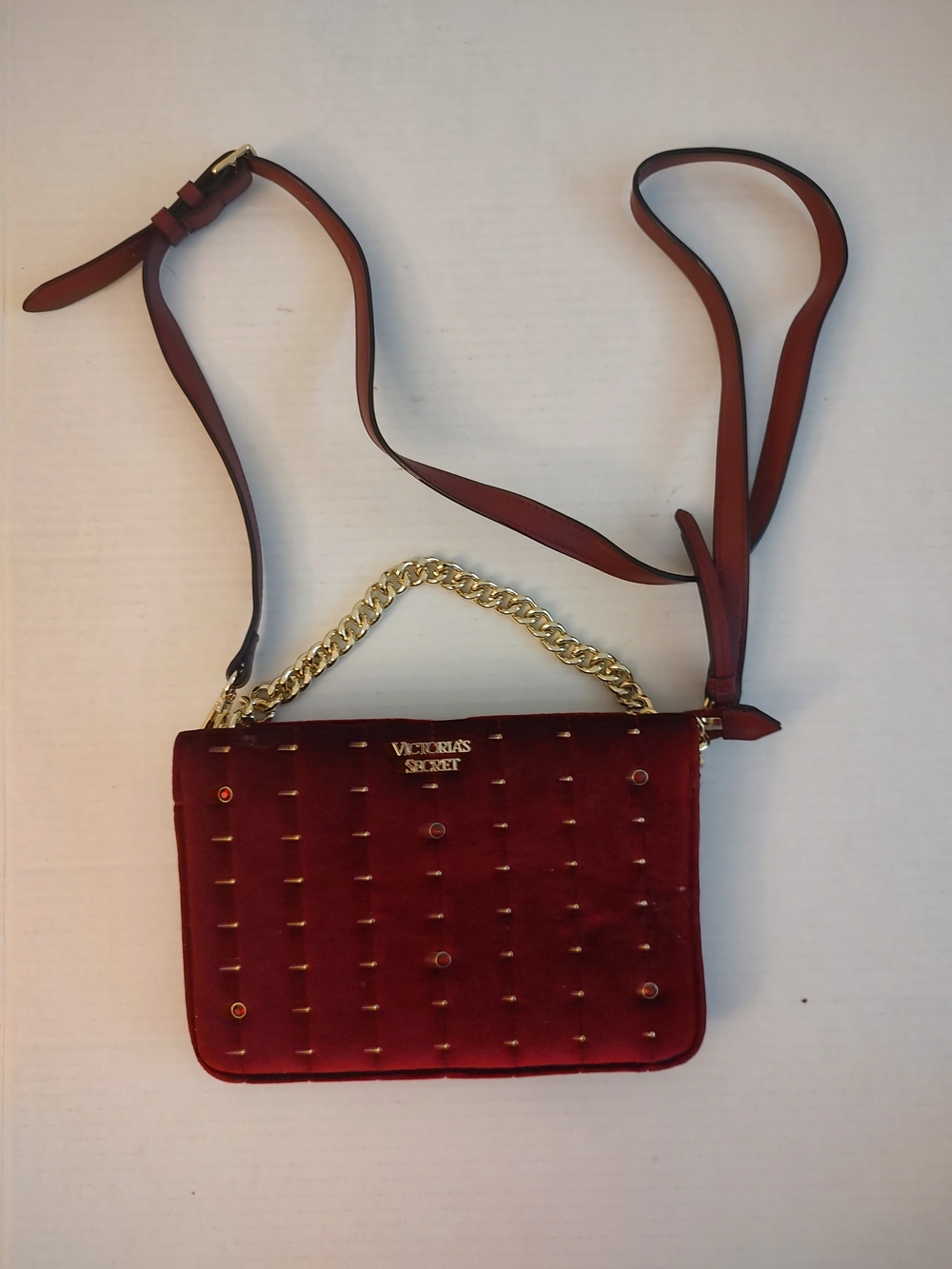 Victoria's Secret Burgundy Velvet Crossbody with Gold Chain